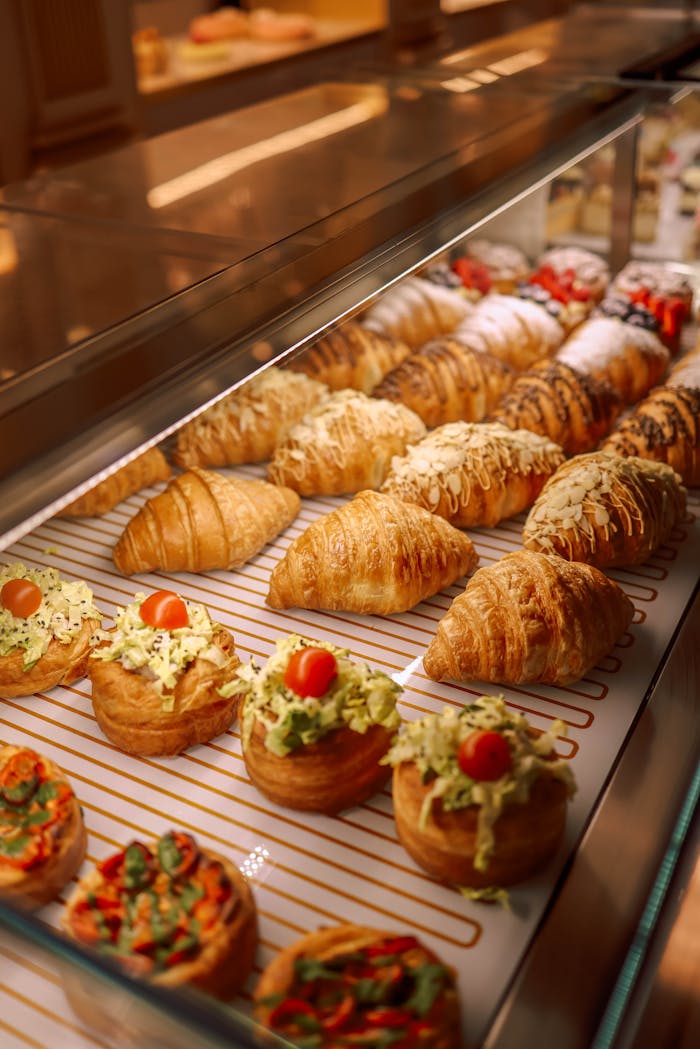 Assorted pastries and croissants on display in a bakery showcase.
